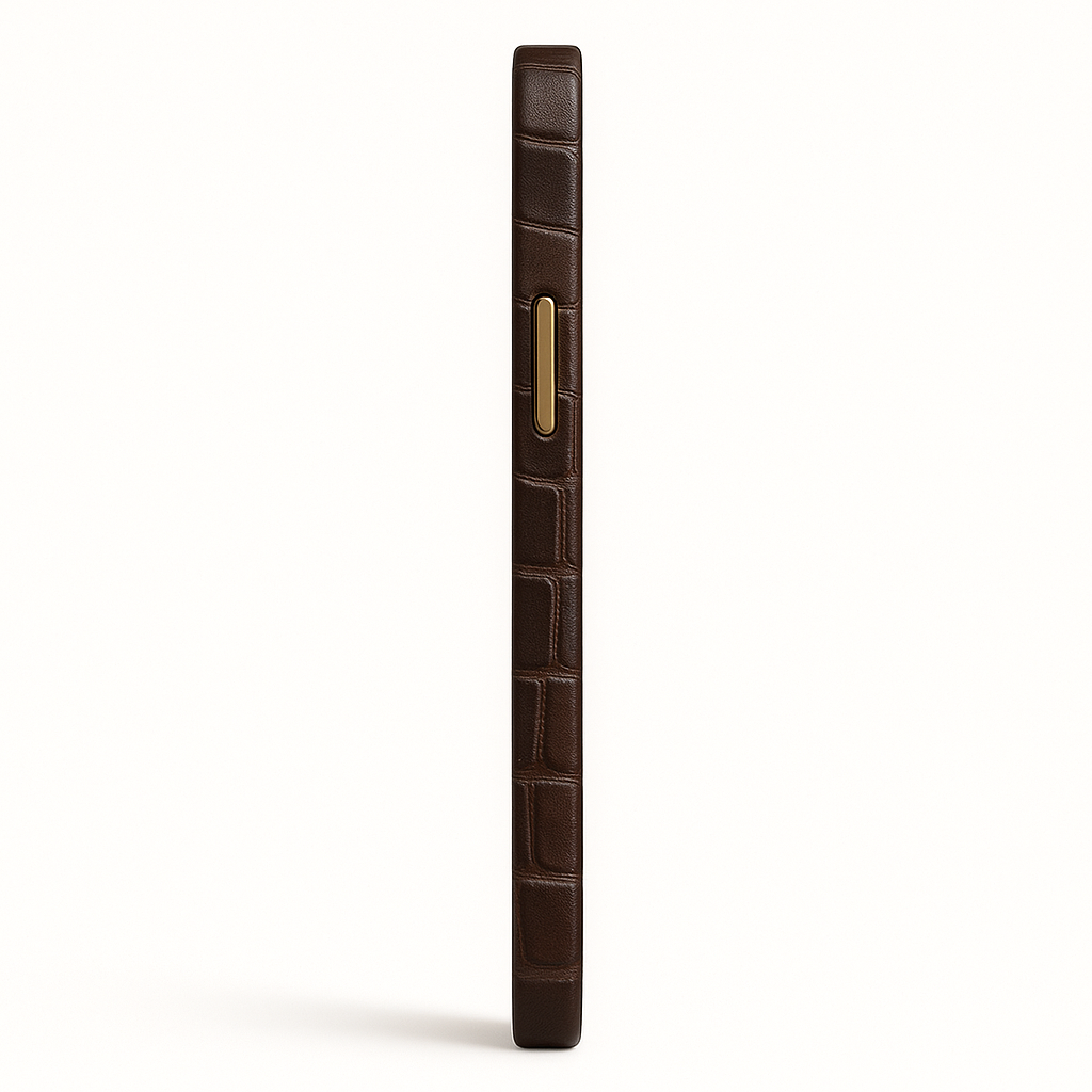 Ultra-Luxury Crocodile Leather Case – Dark Brown & Gold For iPhone